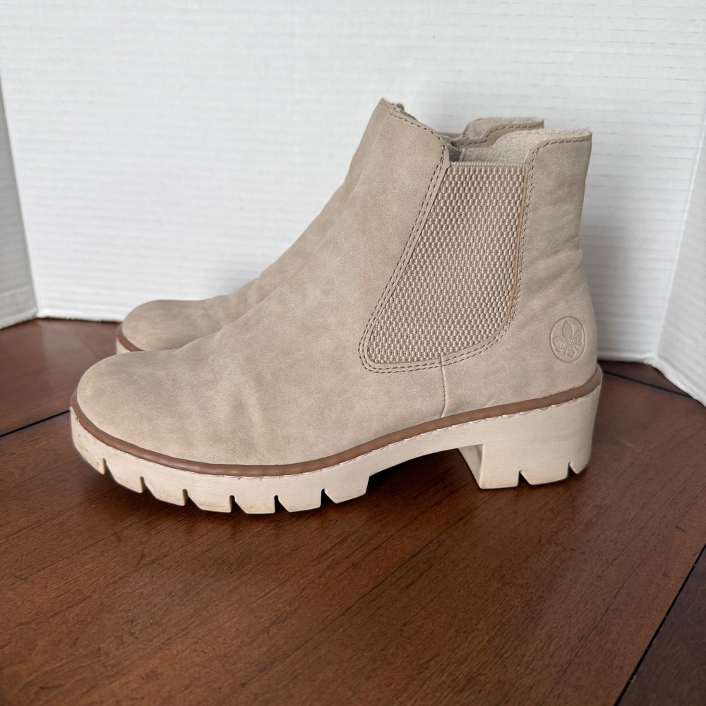 Rieker Antistress Beige Faux Suede Fleece Lined Lug Sole Chelsea Boots Size 39